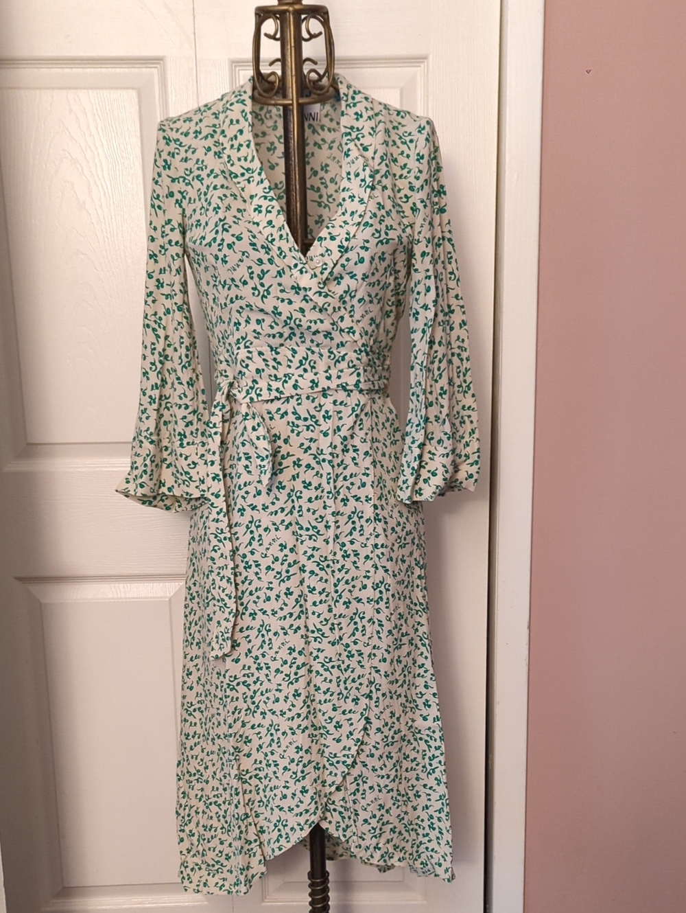 Ganni Cream Wrap Dress with Green Floral Print